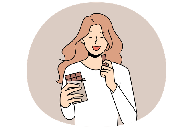 Smiling girl eating chocolate bar  Illustration