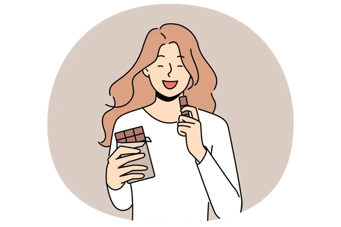 Smiling girl eating chocolate bar  Illustration