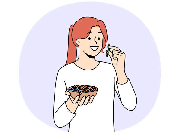 Smiling girl eating colorful gummy worms  Illustration