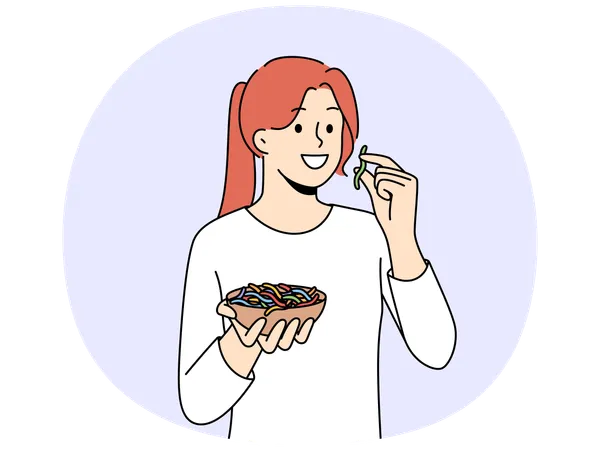Smiling girl eating colorful gummy worms  Illustration