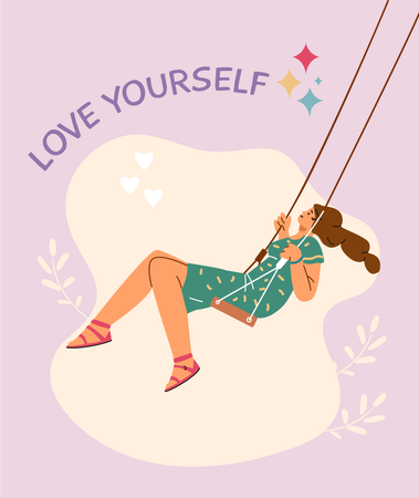 Smiling girl enjoying relaxation and fun on a swing  Illustration