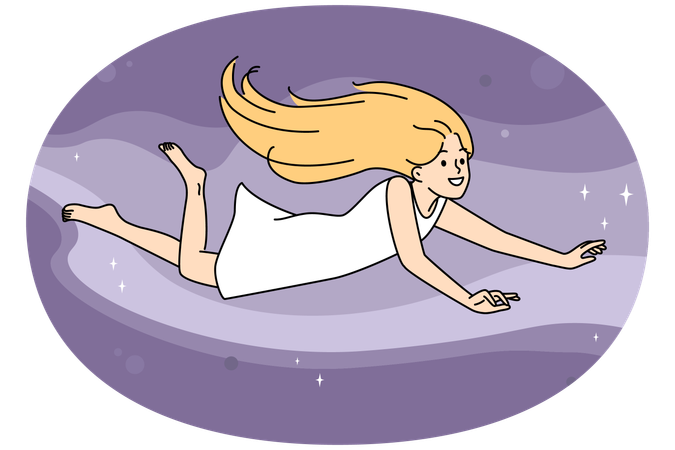 夢を見ながら空を飛んでいる笑顔の女の子  イラスト