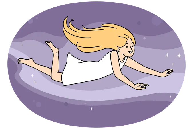 夢を見ながら空を飛んでいる笑顔の女の子  イラスト