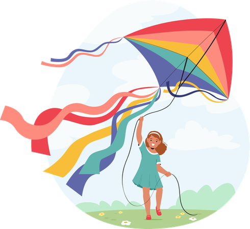 Smiling Girl Flying Kite  Illustration