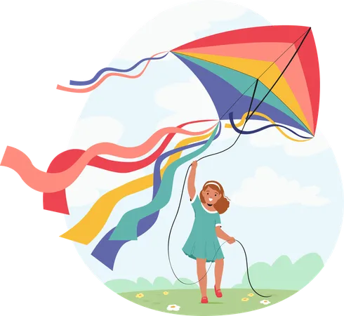 Smiling Girl Flying Kite  Illustration