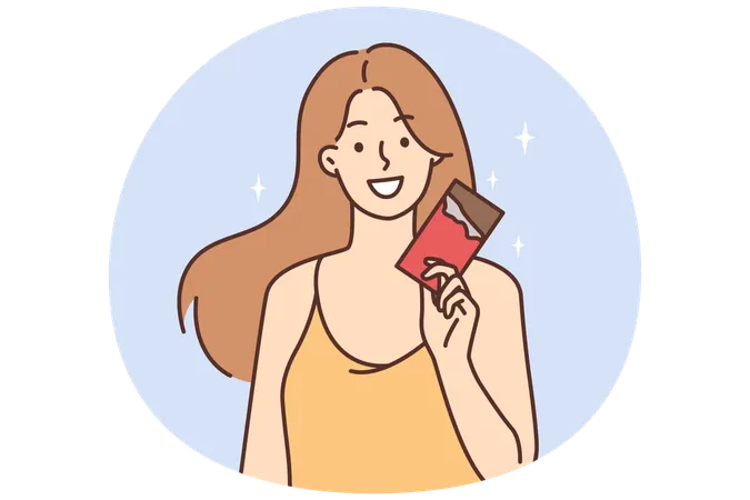 チョコレートバーを手に持った笑顔の女の子  イラスト