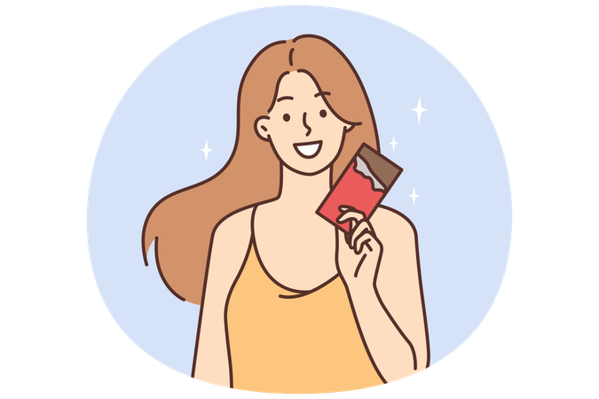 Smiling girl holding chocolate bar in hands  Illustration