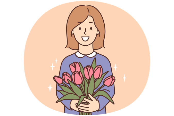 Smiling girl holding flowers bouquet greeting with anniversary  Illustration