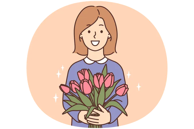 Smiling girl holding flowers bouquet greeting with anniversary  Illustration