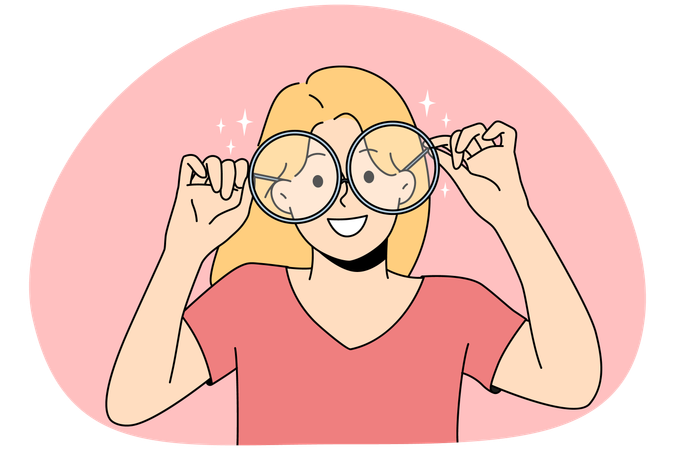 視力矯正用の大きな眼鏡をかけた笑顔の女の子  イラスト