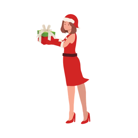 Smiling Girl in Santa Claus Outfit and holding gift box  イラスト
