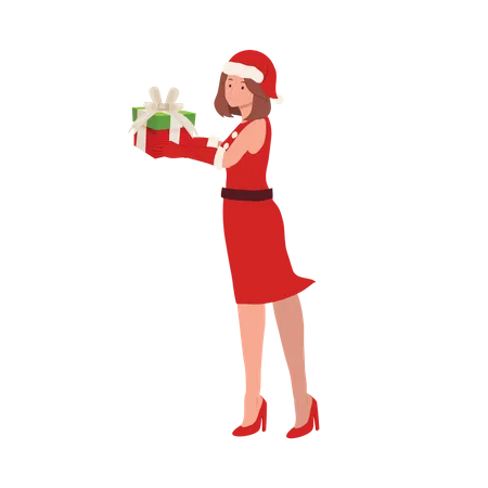 Smiling Girl in Santa Claus Outfit and holding gift box  Illustration