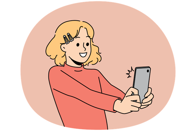 笑顔の女の子が携帯電話で自撮りをする  イラスト