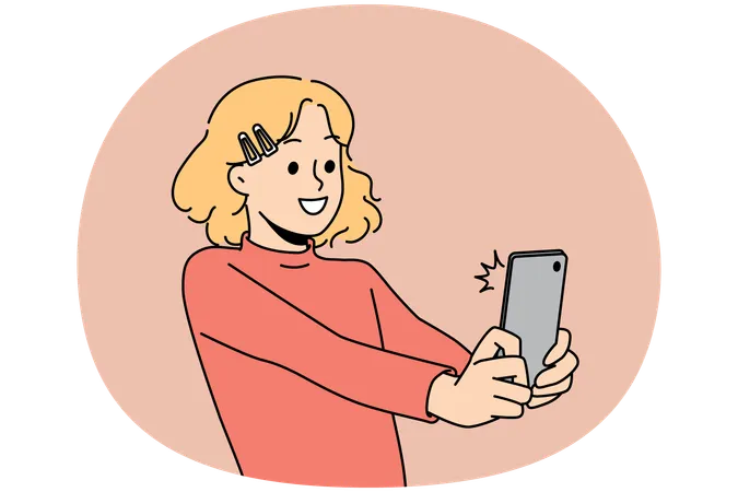 笑顔の女の子が携帯電話で自撮りをする  イラスト
