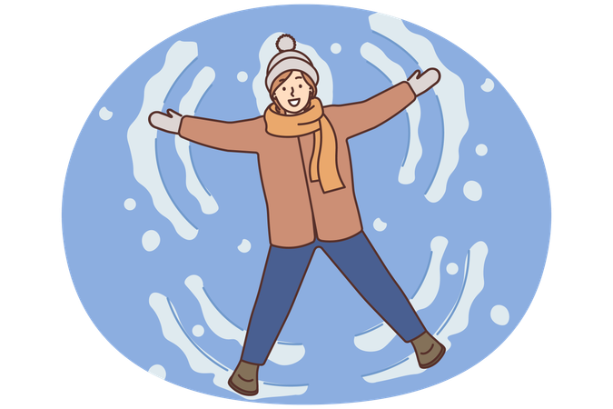 笑顔の女の子が冬の地面で雪の天使を作る  イラスト