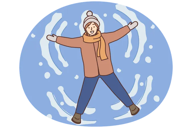 笑顔の女の子が冬の地面で雪の天使を作る  イラスト