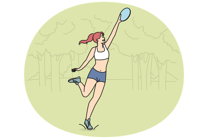 公園でフリスビーで遊ぶ笑顔の女の子  イラスト