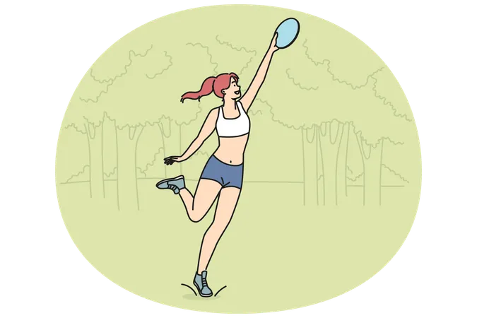 公園でフリスビーで遊ぶ笑顔の女の子  イラスト