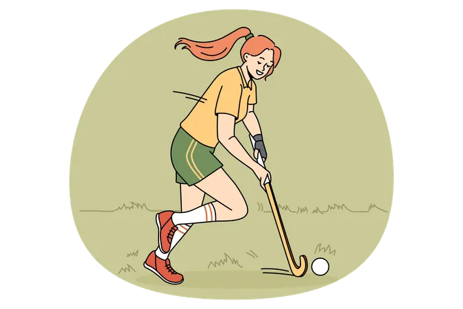 Smiling girl playing golf with club wearing sportswear taking park in competition on grass  Illustration