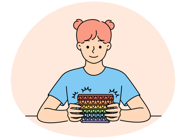 Smiling girl playing pop it game  Illustration
