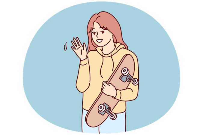 Smiling girl posing with skateboard  Illustration