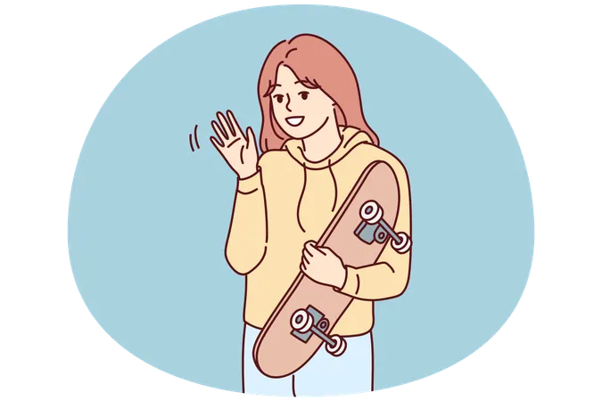 Smiling girl posing with skateboard  Illustration