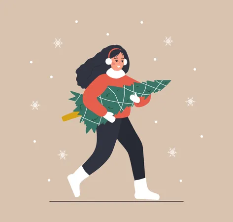 Woman Carries Christmas Tree Smiling Girl Preparing For Winter Holidays People Buying Christmas Fir On The Fair New Year Postcard Vector Illustration In Flat Cartoon Style Illustration