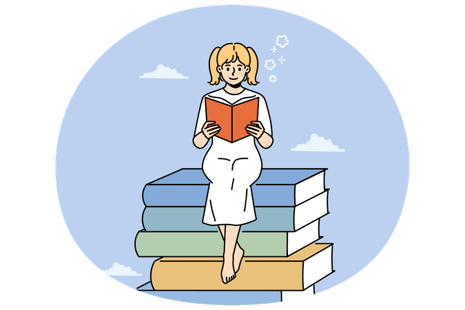 教科書の山の上に座って本を読む笑顔の女の子  イラスト