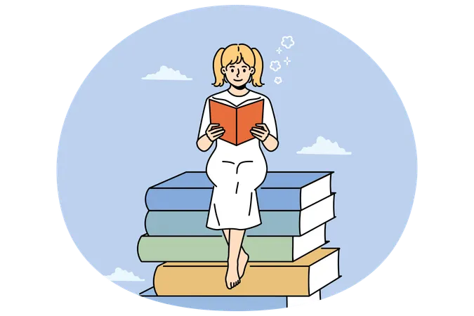 教科書の山の上に座って本を読む笑顔の女の子  イラスト