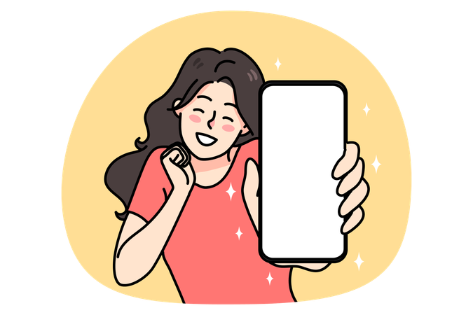 笑顔の女の子がモックアップ画面でスマートフォンを見せる  イラスト