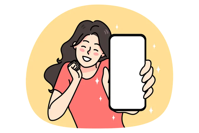 笑顔の女の子がモックアップ画面でスマートフォンを見せる  イラスト