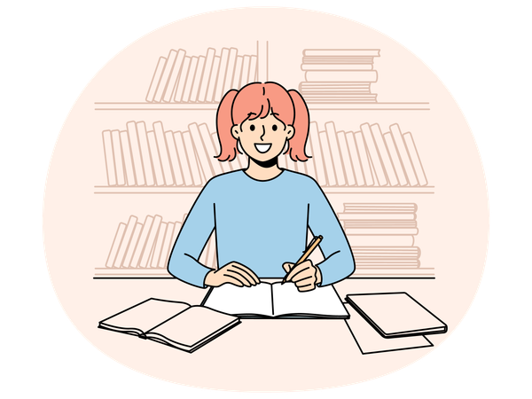 Smiling girl sit at desk for homework  Illustration