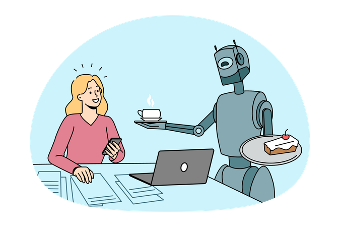 Smiling girl sitting working and taking coffee and cake from robot bot communicating with her  Illustration