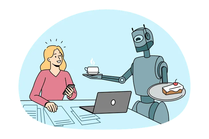 Smiling girl sitting working and taking coffee and cake from robot bot communicating with her  Illustration