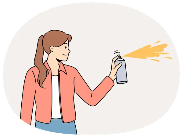 Smiling girl spray with paint on wall  Illustration