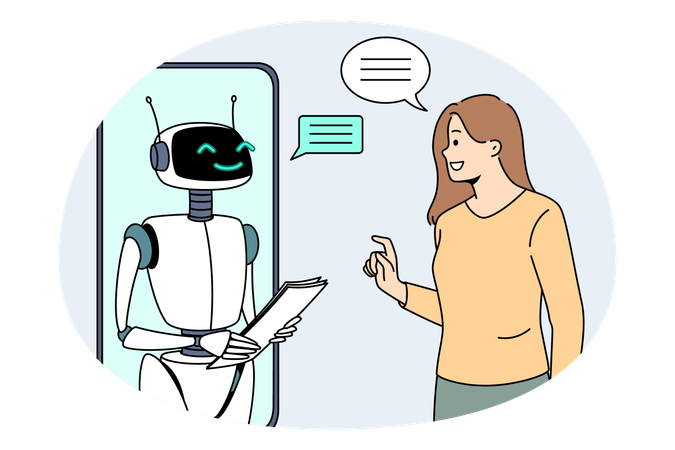 Smiling girl standing and looking at smartphone screen with white robot bot communicating  Illustration