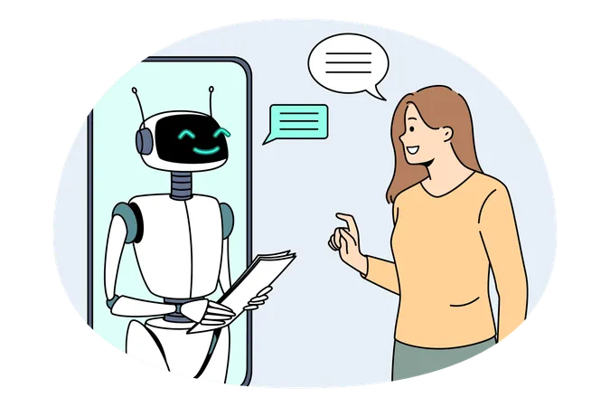 Smiling girl standing and looking at smartphone screen with white robot bot communicating  Illustration