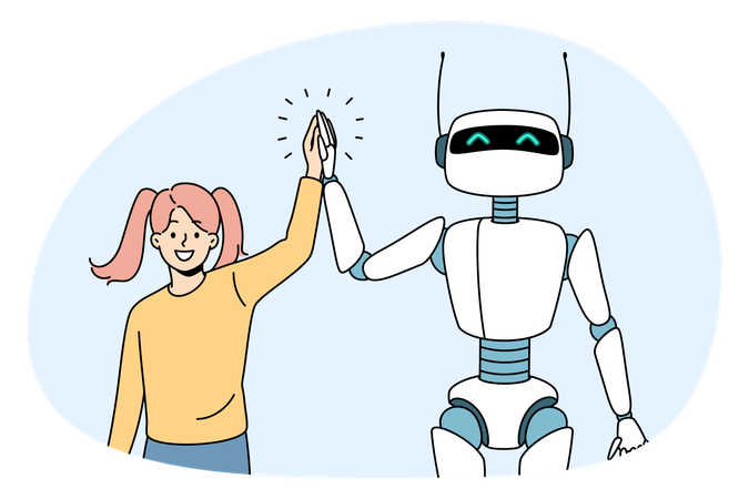 笑顔の女の子が立って、白いロボットボットと握手しながら友達になっている  イラスト