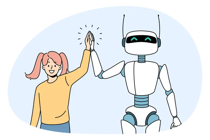 笑顔の女の子が立って、白いロボットボットと握手しながら友達になっている  イラスト