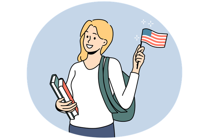 アメリカ国旗を持って微笑む女子生徒  イラスト