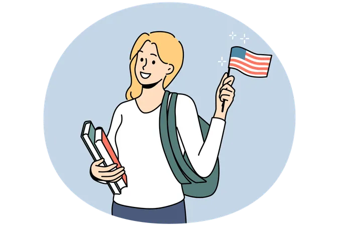 アメリカ国旗を持って微笑む女子生徒  イラスト