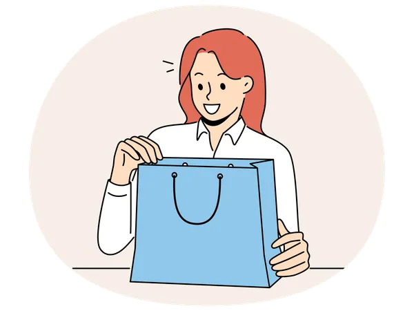 笑顔の女の子がプレゼントの入ったバッグを開ける  イラスト