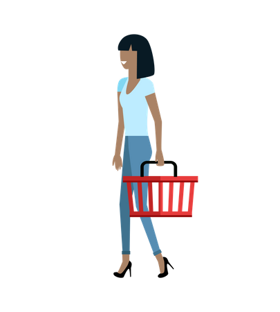 Smiling girl with basket in hand walking  イラスト
