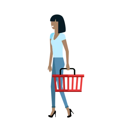Woman Customer Character Vector Template Flat Design Buyer In Grocery Shop Smiling Girl With Basket In Hand Walking On White Background Consumer Choice And Shopping In Mall Concept イラスト