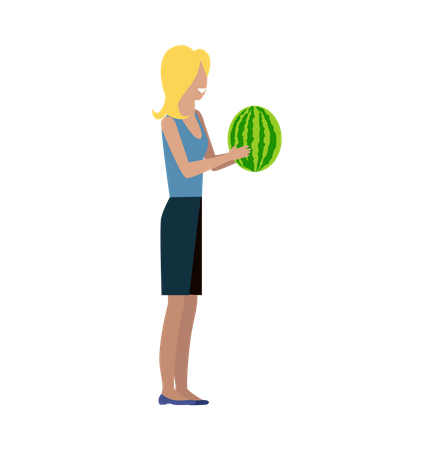 Smiling girl with watermelon in hands standing  イラスト