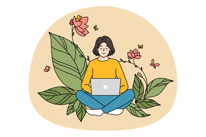 花の背景でコンピューターで作業する笑顔の女の子  イラスト
