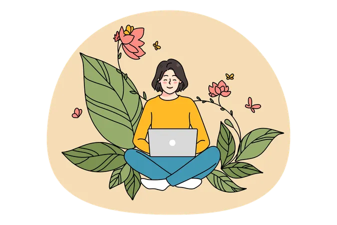 花の背景でコンピューターで作業する笑顔の女の子  イラスト