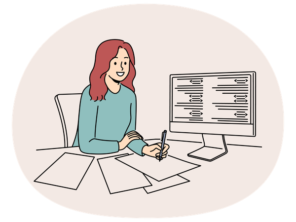 Smiling girl work on PC taking notes  Illustration