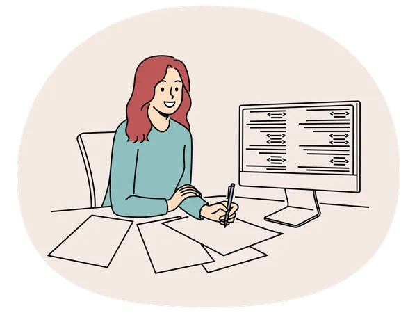 Smiling girl work on PC taking notes  Illustration