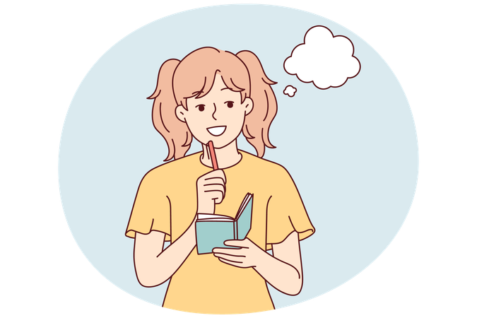 Smiling girl write in notebook dreaming  Illustration
